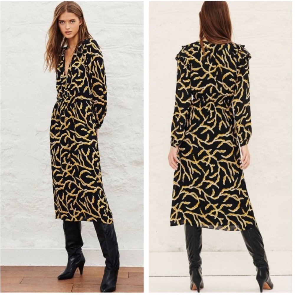 BA&SH Candice Abstract Print Ruffle Shoulders Elastic Waist V-neck Midi Dress